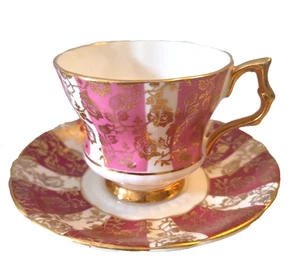 Royal Windsor Teetasse und Untertasse rosa gestreift Goldrand Fine Bone China England - Bild 1 von 12