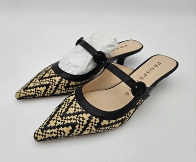 New Prosperine Black/Natural Patterned Raffia Low Heels, Leather, EU 37.5, US 7 - Image 1 of 4