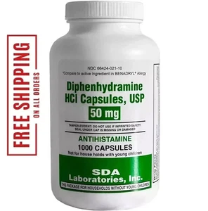 DIPHENHYDRAMIN 50MG 1000ct Kapseln, SDA LABS, Allergie Linderung - Bild 1 von 5