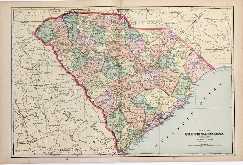 CAROLINA DEL SUR 1907 - Mapa ORIGINAL GRANDES (20X13) FERROCARRILES CONDADOS MUNICIPIOS Foto 1 de 4