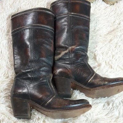 Frye 77234 Mujer Jane Cuero Marrón Alto Montar Tacón Apilado Botas Talla 6.5 Foto 1 de 4
