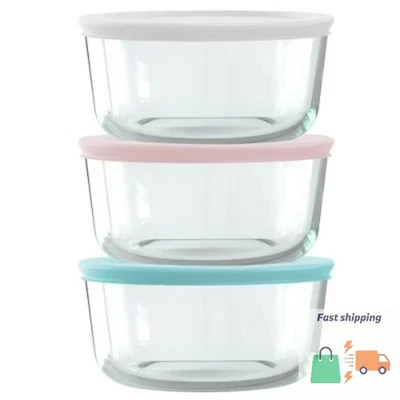 Pyrex® Simply Store® Juego de almacenamiento de vidrio redondo de 6 piezas y 4 tazas con tapas de colores surtidos Foto 1 de 4