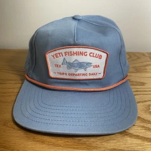 YETI Coolers Club de Pesca Cuerda Sombrero Snapback Azul Naranja Retro Trucha Viajes Diarios - Imagen 1 de 15