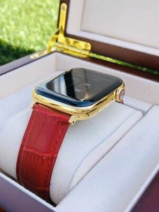 24K Gold Plated 44MM Apple Watch SERIES 5 Stainless Steel Red Band GPS LTE - Picture 1 of 10