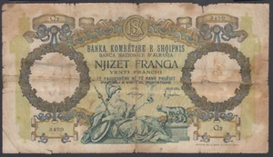 Albania 20 Franga 1939 Very Poor P. 7, Banknote, Circulated - Picture 1 of 2