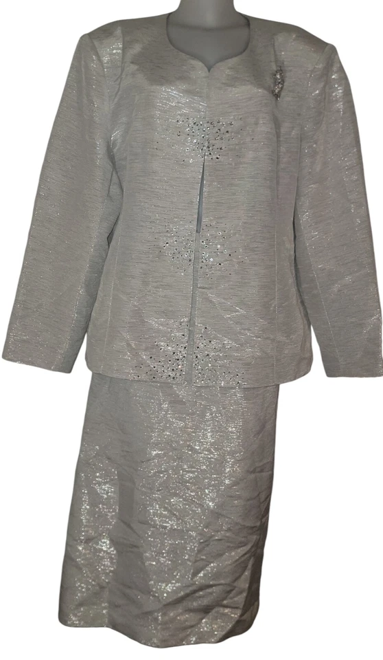 Vtg MOSHITA COUTURE Sz 24W Women's Silver Sparkle Beaded 2 Piece SKIRT SUIT  - Image 1 of 4