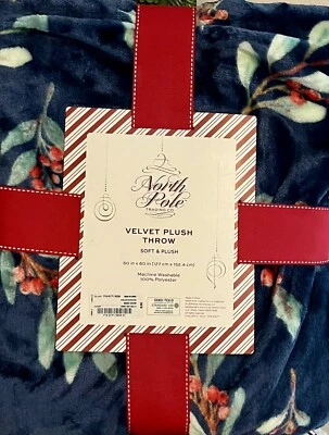 North Pole Trading Company Velvet Christmas Throw Blanket Night Sky Holly 50x60” - Image 1 of 4