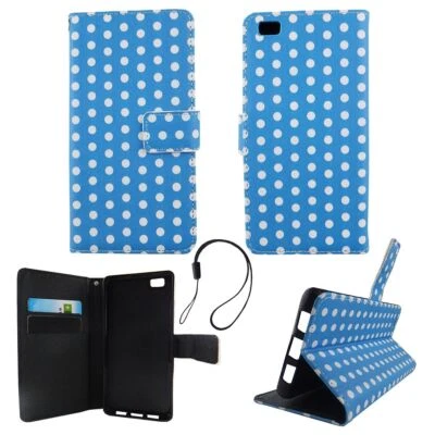 Custodia Protettiva per Huawei P8 Lite Polka Dot Blu Borsa a Libro Stile Wallet - Immagine 1 di 2