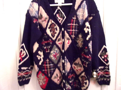 Vintage 1980's Cardigan Sweater,Fall Leaves Thick Knit, Size L Grannycore Retro Foto 1 de 4
