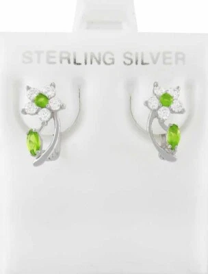 LAB-CREATED PERIDOT & WHITE SAPPHIRE FLOWER STUD EARRINGS .925 SILVER - NWT - Image 1 of 4