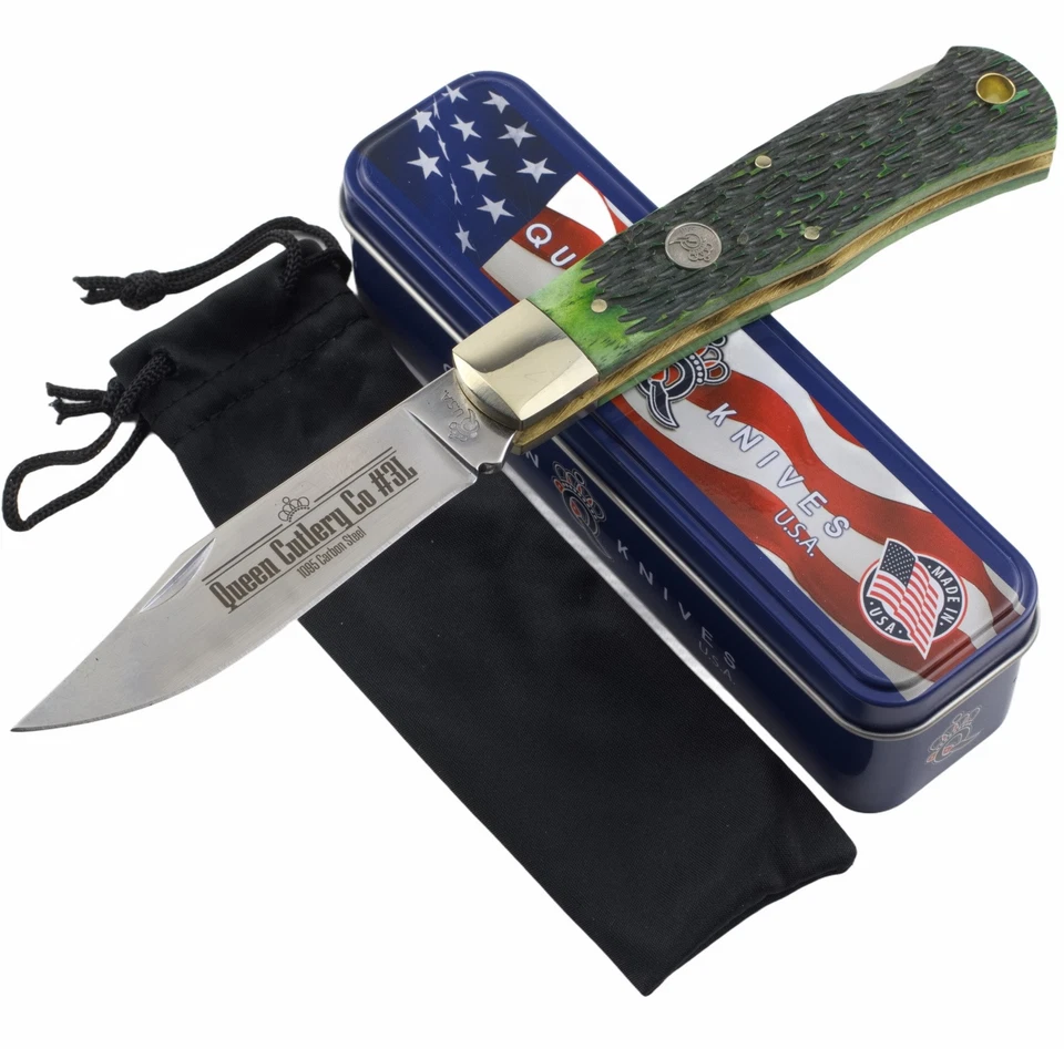 Queen Lockback Folding Knife 1095 Carbon Steel Clip Point Blade Bone Handle