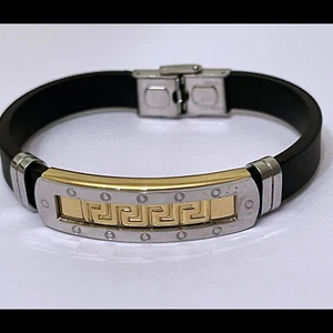 Men’s business stainless steel bracelet with black PU leather - Picture 1 of 3