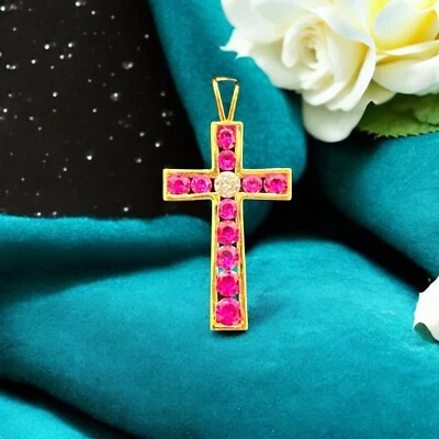 2.35 Cts Round Brilliant Cut Natural Diamonds Ruby Unisex Cross Pendant 18K Gold - Image 1 of 4