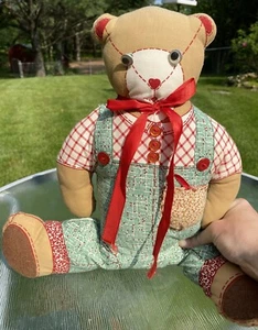 Vintage Handmade Cut Sew Panel Pillow Plush Teddy Bear Button Heart In Pocket - Picture 1 of 9