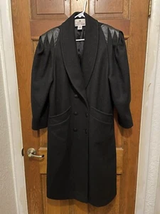 Vintage Worthington Black Wool Blend Pleated Leather Petite 8 Trench Coat - Picture 1 of 7