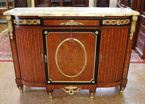 French Louis XVI Mahogany & Kingwood Marble Top Sideboard Buffet Server Cover