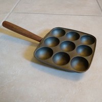 Vintage Square Cast Aluminum 9 Hole Aebleskiver Danish Pastry Wood Handle Pan Ebay