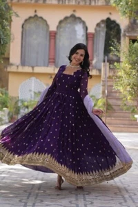 Purple Anarkali Gown Indian Partywear dress With Heavy Embroidery Gown - Picture 1 of 15