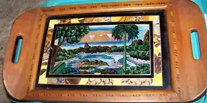 Vtg Inlaid Wood MORPHO Butterfly Wing Tray- Reverse Painted Glass Brasil Rio? - Picture 1 of 7