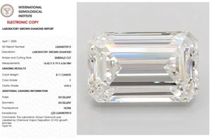 8.11 Emerald Lab Grown Diamond For Engagement Ring IGI Certified F VVS2 - Picture 1 of 10