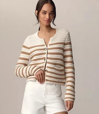 NUEVO PAIGE GRUESO RECORTADO Cárdigan Oberon Crochet Talla S Nuevo sin Etiquetas Blanco/Tostado Pricefirm Foto 1 de 4