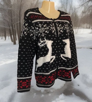J Jill Wool Blend Sweater Cardigan Jacket Size Medium Nordic Reindeer Christmas - Image 1 of 4