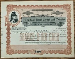 The Saint Joseph Switch and Transfer Railway Company Unissued Stock Certificate - Picture 1 of 3