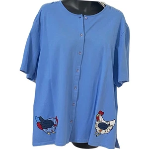Camicia Liz & Me blu 2X bottoni manica corta pollo ricamata nuova con etichetta - Foto 1 di 8