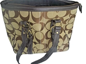 COACH Signature Bag F13548 Canvas Leather Tote Tan Shoulder Handbag - Picture 1 of 6