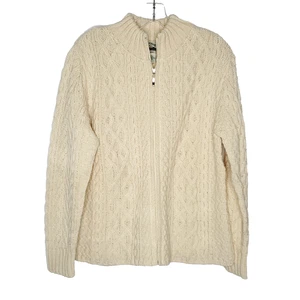 Aran Crafts Cable Knit Zip Up Merino Wool Sweater L Ivory Cream Womens Fisherman - Picture 1 of 5