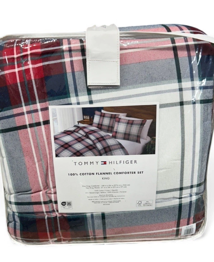 "Juego de edredón Tommy Hilfiger de franela de algodón a cuadros King 108""x96""" Foto 1 de 2