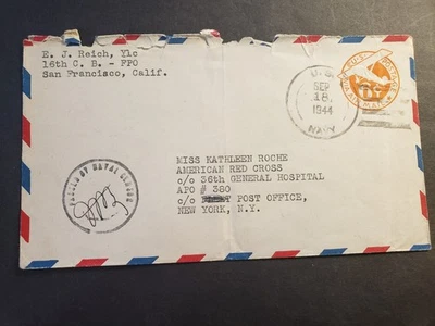 APO 380 MARSEILLE, FRANCE 1944 Censored Army Cover 16th NAVAL CB to 36 Hospital - Image 1 of 2