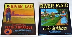 Etiquetas River Lad, River Maid, caja de espárragos, originales, 2 diferentes - Imagen 1 de 1