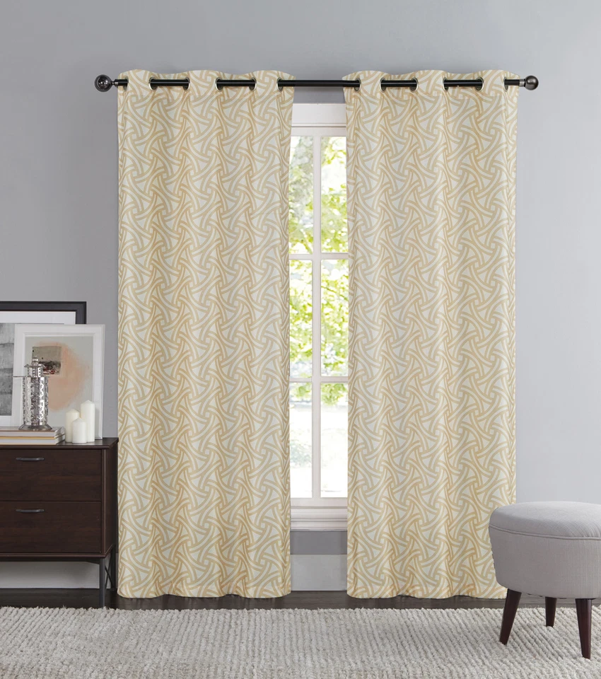 Двухсекционные оконные занавески серо-коричневые и цвета слоновой кости: люверсы, геометрический дизайн iKat - Изображение 1 из 1