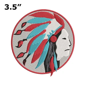 INDIAN CHIEF HEADDRESS EMBLEM PATCH IRON-ON EMBROIDERED RED ROUND LOGO - Picture 1 of 12