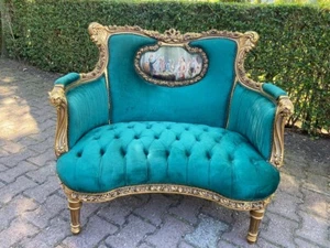Sofa, Vintage Louis XVI, Refinished Green Velvet, Gold Leaf Beech, French 1960s - Picture 1 of 14