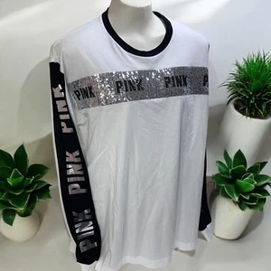 Victoria's Secret PINK Large Bling Silver Sequins Graphic Long Sleeve Campus Tee - Picture 1 of 13