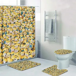 New! Minions Collage Cartoon Print Shower Curtain Bath Mat Toilet Lid Cover Mat - Picture 1 of 9