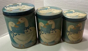 Vintage Winter Geese. With Blue Bows 6 Piece Tin Canister Set - Picture 1 of 8