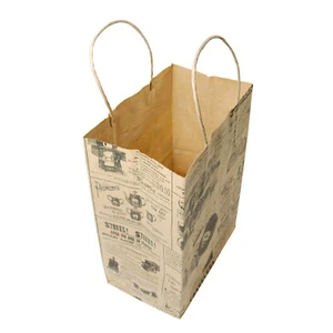 Old Fashioned Newspaper Print Brown Kraft Paper Gift Bag Merch Tote with Handles - Picture 1 of 3