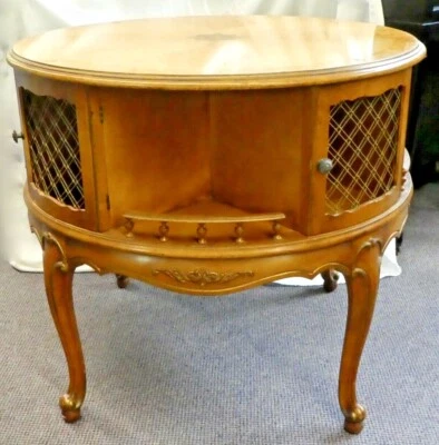 MESA DE TAMBOR Provincial Francesa Madera Ocasional/Salón con Incrustación + Tapa de Vidrio MCM 1960 Foto 1 de 4