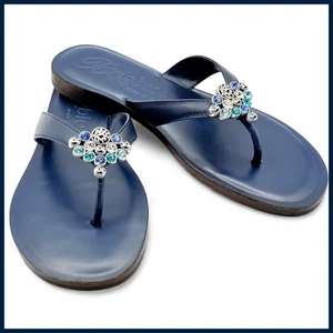 Brighton Amaze Navy Blue Leather Crystal Thong Sandals Italy 7 Resortwear Luxury - Picture 1 of 10