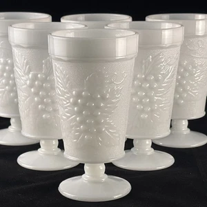 Vintage Anchor Hocking Milk Glass Harvest Grape Footed Tumblers 10 oz Set of 6 - Picture 1 of 8
