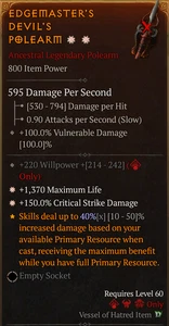 💥DIABLO 4💥SEASON 10💥Polearm💥2GA Maximum Life + Critical Strike Damage - Picture 1 of 1