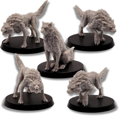 FORGED TERRAIN Fantasy Wolves Miniatures Set – 5 Wolf Figures | 28mm RPG Models DnD Pathfinder