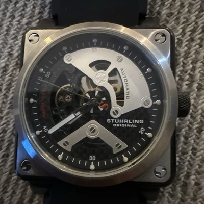 Stuhrling 原装男士自动骨架手表罕见方形 — 第 1/4 张图片