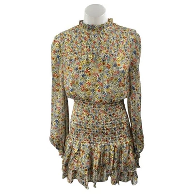 Mini Vestido Aqua Multicolor Floral Calado Volantes Manga Larga Línea A Talla XS Foto 1 de 3