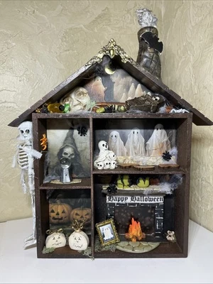altered art HAPPY HALLOWEEN WOOD SHADOWBOX GHOSTS  BAT OOAK Mixed Media SheShe - Image 1 of 4