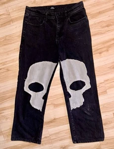 Hot Topic Social Collision Men Skull Patched Black Denim Jeans 34x32 - Picture 1 of 10