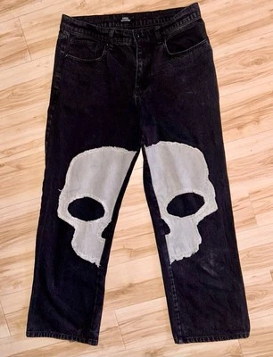 Hot Topic Social Collision Men Skull Patched Black Denim Jeans 34x32 - Image 1 of 4
